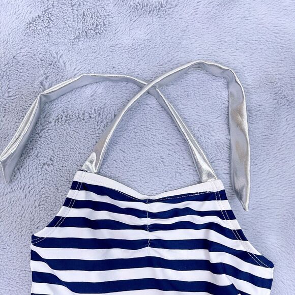 Kiko & Max Striped Ruffled One Piece Swimsuit Blue White Silver Baby Girl 12M - Picture 2 of 7